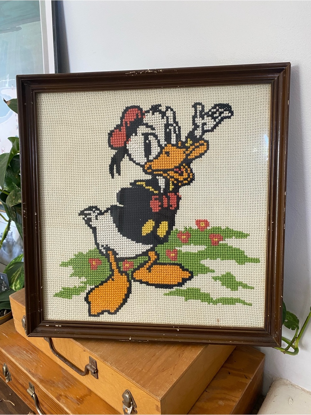 Vintage Handmade Disney Donald Duck Framed Cross Stitch